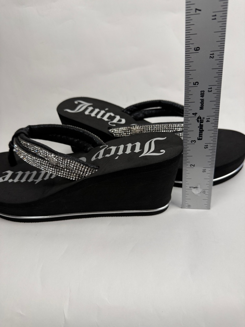Juicy Couture Black Wedge Pkatform Sandals with Silver Rhinestone Straps Size 6 - Picture 12 of 13